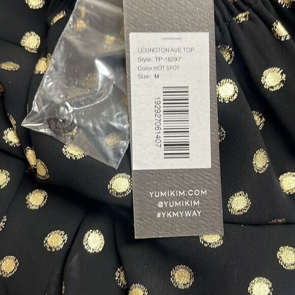 Yumi Kim Black Gold Polka Dot Lexington Top High Ruched Neck Long Sleeve Office - Picture 8 of 11